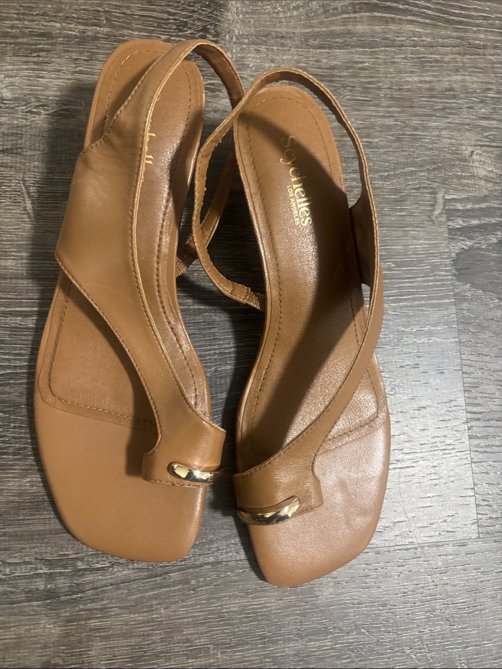 Seychelles Cognac Brown Leather Slingback Sandals with Gold Accent